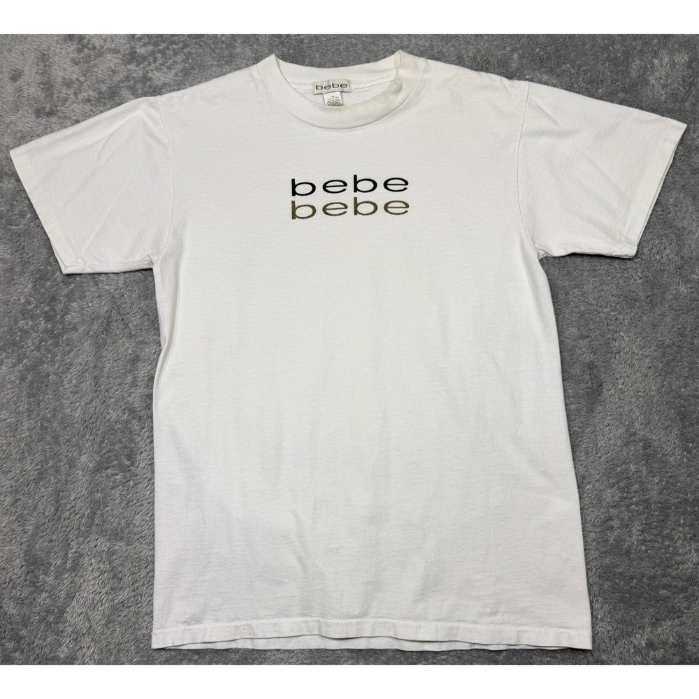 Vintage Bebe Shirt Womens M White Spellout Glitter Single Stitch Made In USA 90s